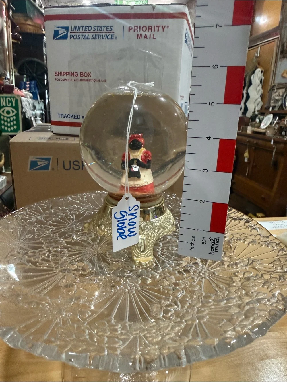 Holiday Glass Snow Globe with Gold Base - Red & Cream Figurine